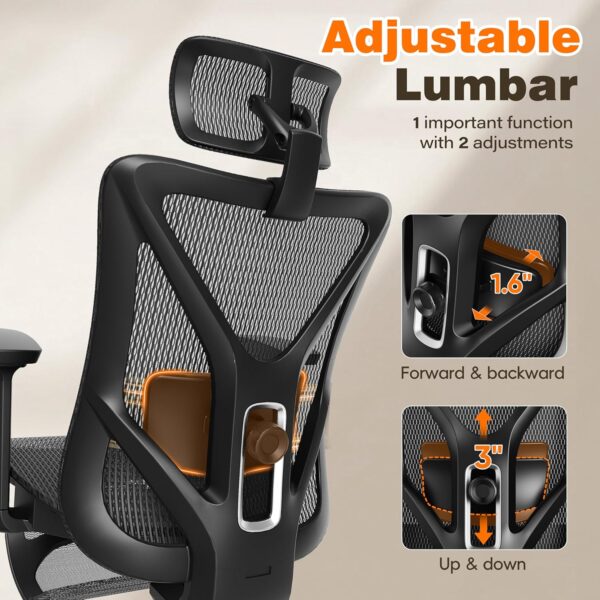 GABRYLLY Ergonomic Office Chair with Adjustable Lumbar Support, 3D Armrests & Headrest, 135° Reclining Chair with Footrest & Large Steel Base,300LBS Swivel Desk Chair(GYMN01) - Image 3