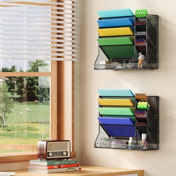 File Organizer Wall Mounted, 4 Tiers Durable Adjustable Metal Desk Organizer, Desktop Vertical Hanging File Holder with 4 Pen Slots Stable, 4 Pull-Out Divider for File, Mail, Newspaper, Black - Image 3