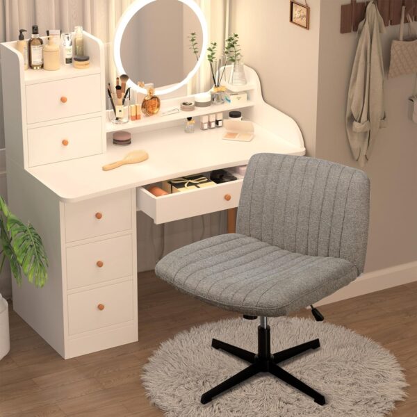 SUNLEI Cross Legged Office Chair, Armless Wide Chair's for Vanity Desk, Criss Cross Comfy Chairs with Back, Desk Chair/s of Height Adjustable Swivel, Light Grey - Image 6