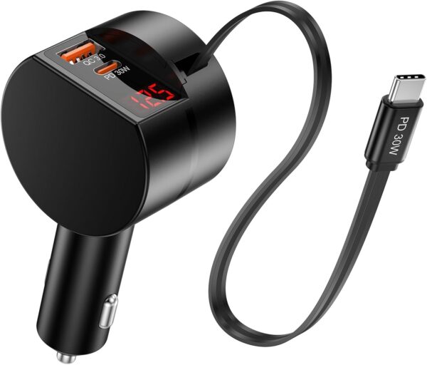 Mini Retractable Car Charger,65W Fast Charging USB C Car Charger with Retractable Cable,3 Port Type C Cigarette Lighter Adapter,Car Accessories for iPhone 16 15 14 Pro Max,Galaxy,iPad,Pixel,AirPods