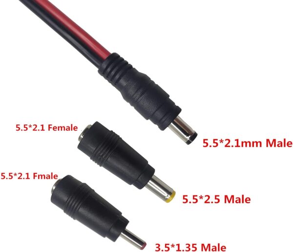 DC Car Charger Cable - 5.5mm x 2.1mm Connector to Cigarette Lighter Male Plug With Extra 2 Connectors 12-24V 15A Auto Power Supply Cord for Portable DVD Player, Car, Camera - Image 4