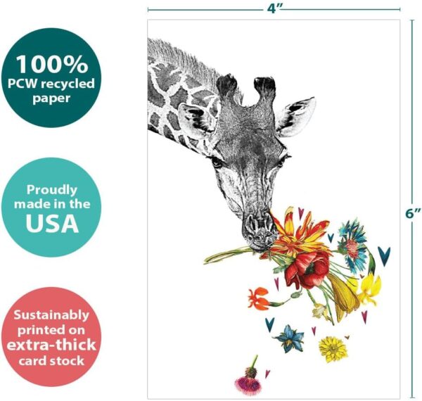 Tree-Free Greetings Giraffe Flowers All Occasion Cards - 12 Recycled 4x6 Notecards & White Envelopes, Thick Cardstock, Sustainably Made in USA - Checking In - Image 3