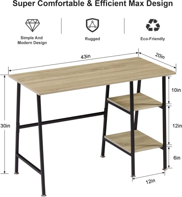 VECELO 43 Inch Computer Desk Writing Study Work Office Table Modern Desk with Shelves Wooden Desk for Home Bedroom,Oak Desk - Image 3