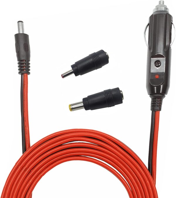 DC Car Charger Cable - 5.5mm x 2.1mm Connector to Cigarette Lighter Male Plug With Extra 2 Connectors 12-24V 15A Auto Power Supply Cord for Portable DVD Player, Car, Camera