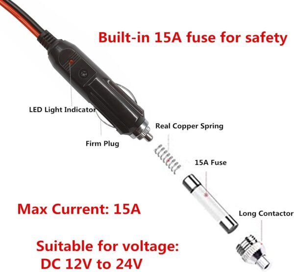 DC Car Charger Cable - 5.5mm x 2.1mm Connector to Cigarette Lighter Male Plug With Extra 2 Connectors 12-24V 15A Auto Power Supply Cord for Portable DVD Player, Car, Camera - Image 5