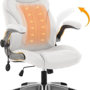Office Desk Chair, Ergonomic Computer Chair with Padded Flip-Up Arms and Adjustable Lumbar Support, PU Leather Executive Chair with Tilt Lock and 360° Swivel Rolling Wheels for Work, Study