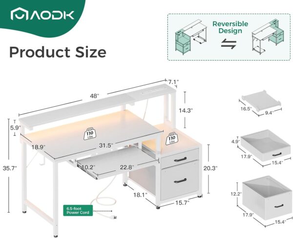 AODK Computer Desk with Drawers and Keyboard Tray, 48" Office Desk with Power Outlet and LED Lights, Reversible Study Work Desk with Printer Shelf and PC Stand for Home Office, White - Image 3