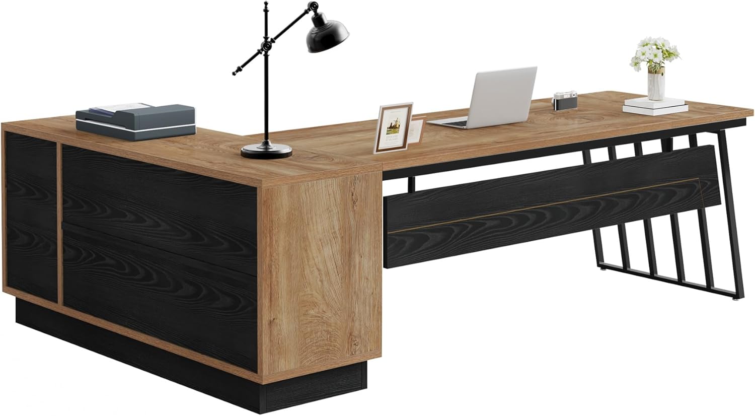 Tribesigns 71-Inch Executive Desk, L-Shaped Desk with Cabinet, Large Office Desk with Drawers and Storage Shelves, Writing Table Computer Desk for Home Office, Oak and Black - Image 9