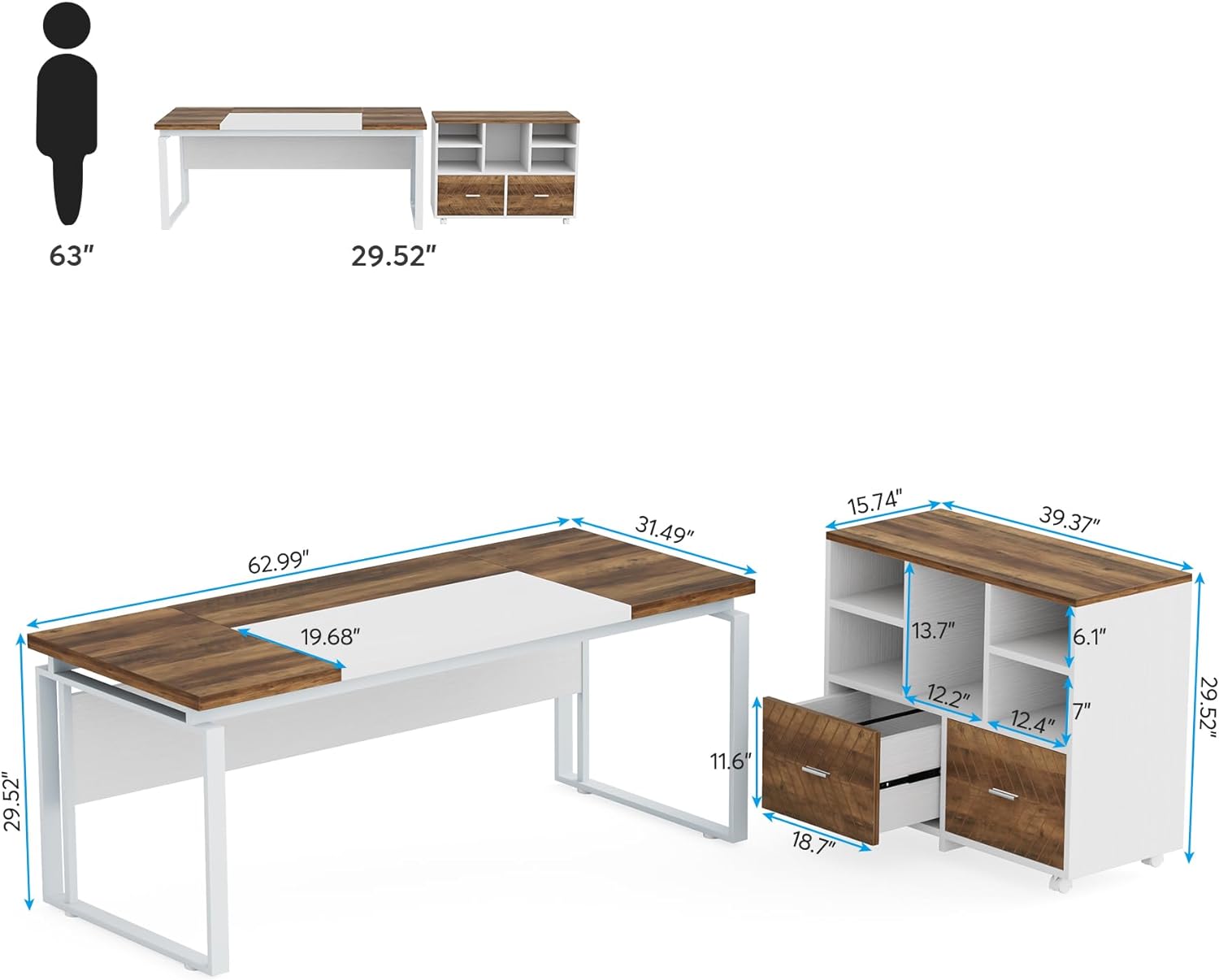 Tribesigns L-Shaped Executive Desk with Reversible File Cabinet, 63" Office Desk with Storage Drawers, Computer Desk Set (Oak Karo & White) - Image 2