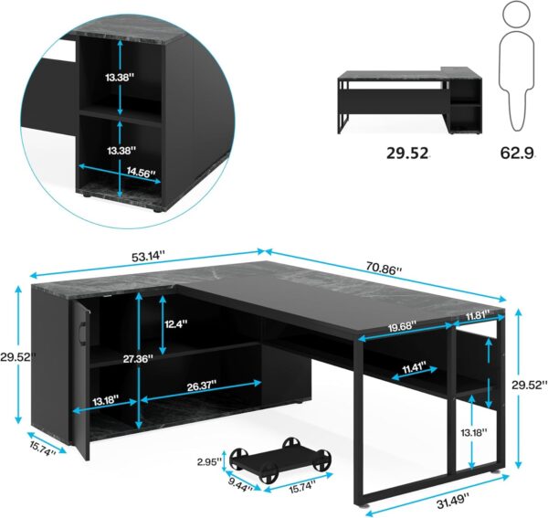 Tribesigns 71 inch Executive Desk, L Shaped Desk with Cabinet Storage, Executive Office Desk with Shelves, Business Furniture Set Workstation for Home Office, Black - Image 2