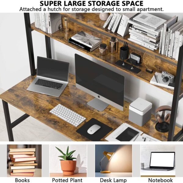 Aquzee Computer Desk with Hutch, 47“W x 23.6" D Desk with Shelves, Tall Home Office Desk with Bookshelf, Metal Legs Study Table with Upper Storage Shelf for Study Writing/Workstation - Image 5