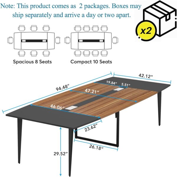 Tribesigns 8FT Conference Table, 94.48L x 47.24W x 29.52H Inches Boat Shaped Meeting Table with Rectangle Grommet, Modern Seminar Boardroom Table for Office Conference Room (8ft, Walnut & Black) - Image 2