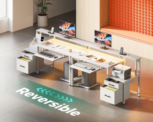 AODK Computer Desk with Drawers and Keyboard Tray, 48" Office Desk with Power Outlet and LED Lights, Reversible Study Work Desk with Printer Shelf and PC Stand for Home Office, White - Image 9