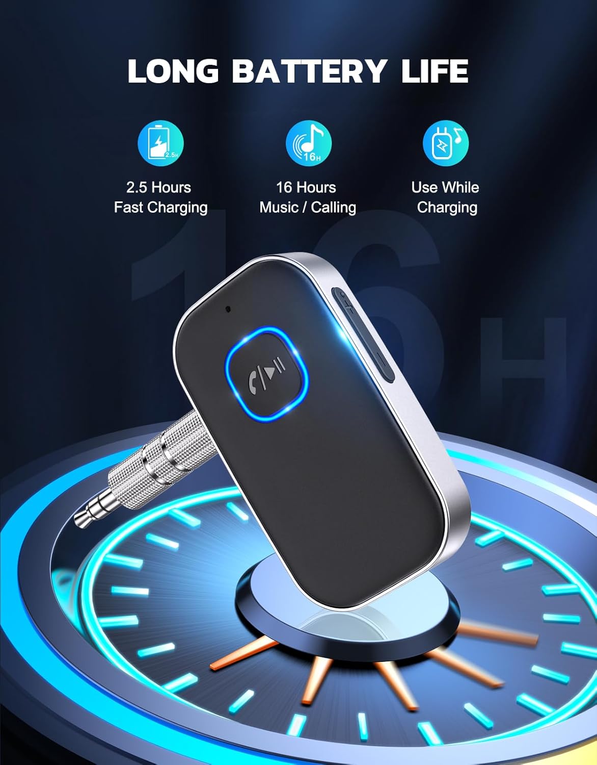 COMSOON Bluetooth Receiver for Car, Noise Cancelling 3.5mm AUX Bluetooth Car Adapter, Wireless Audio Receiver for Home Stereo/Wired Headphones, Hands-Free Call, 16H Battery Life - Black+Silver - Image 6