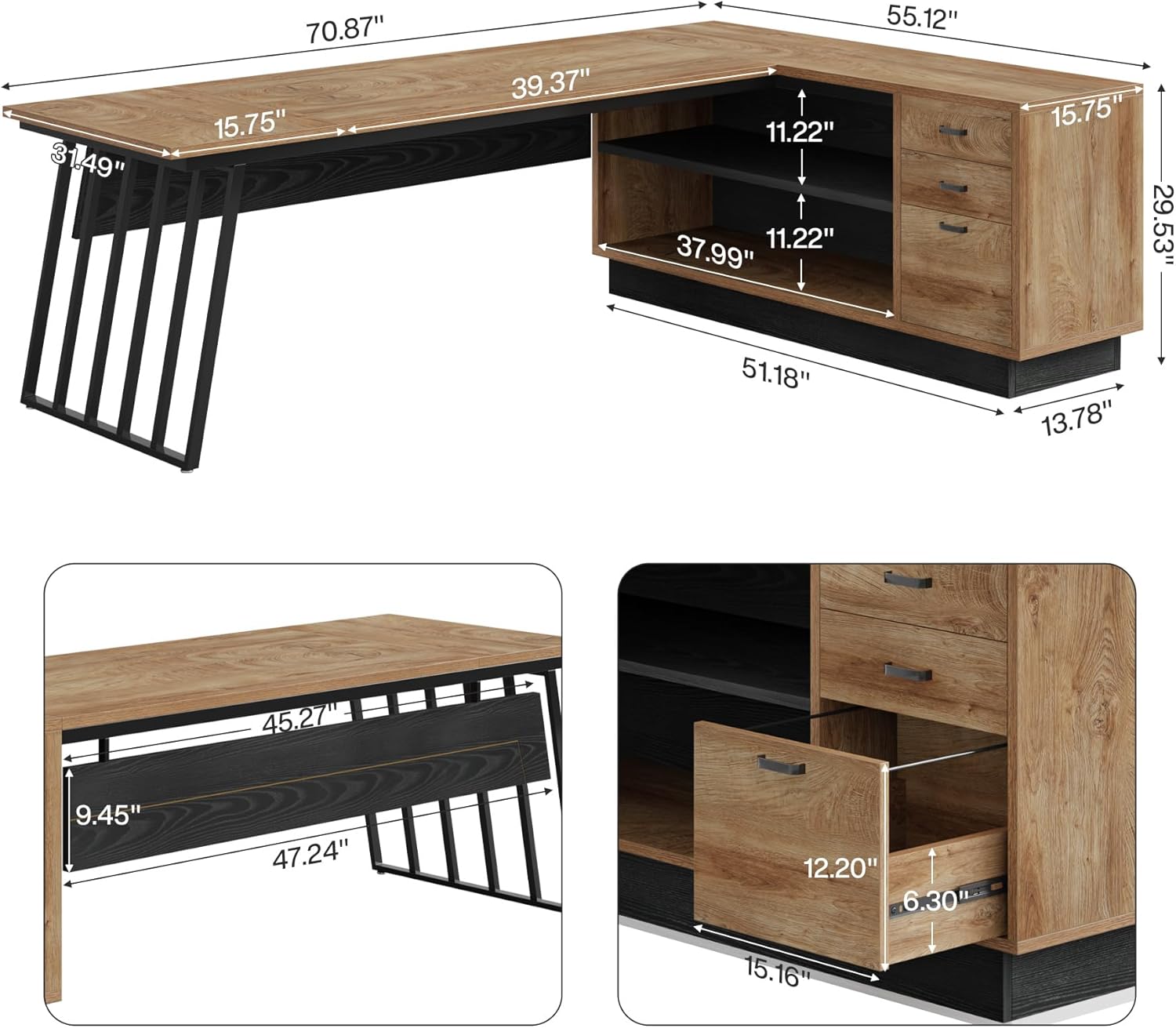 Tribesigns 71-Inch Executive Desk, L-Shaped Desk with Cabinet, Large Office Desk with Drawers and Storage Shelves, Writing Table Computer Desk for Home Office, Oak and Black - Image 2