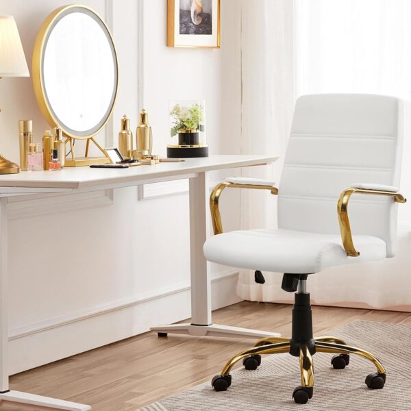 Yaheetech Mid-Back Office Chair PU Leather Desk Chair Adjustable Executive Task Chair w/Lumber Support Gold Leg White Seat - Image 9