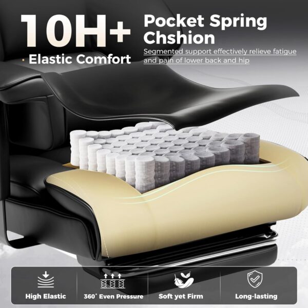 COMHOMA Big and Tall Office Chair 400lbs High Back Computer Gaming Chair with Ergonomic Lumbar Support & Pocket Spring Cushion for Lower Back Pain Relief, Leather Executive Chair with Foot Rest, Black - Image 3