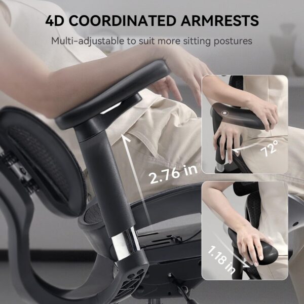 SIHOO Doro S100 Ergonomic Office Chair - Dual Dynamic Lumbar Support, 4D Coordinated Armrests, 5-Level Adjustable Backrest, Recline Angle 135-degree Max. Suitable for Home Office (Black) - Image 6