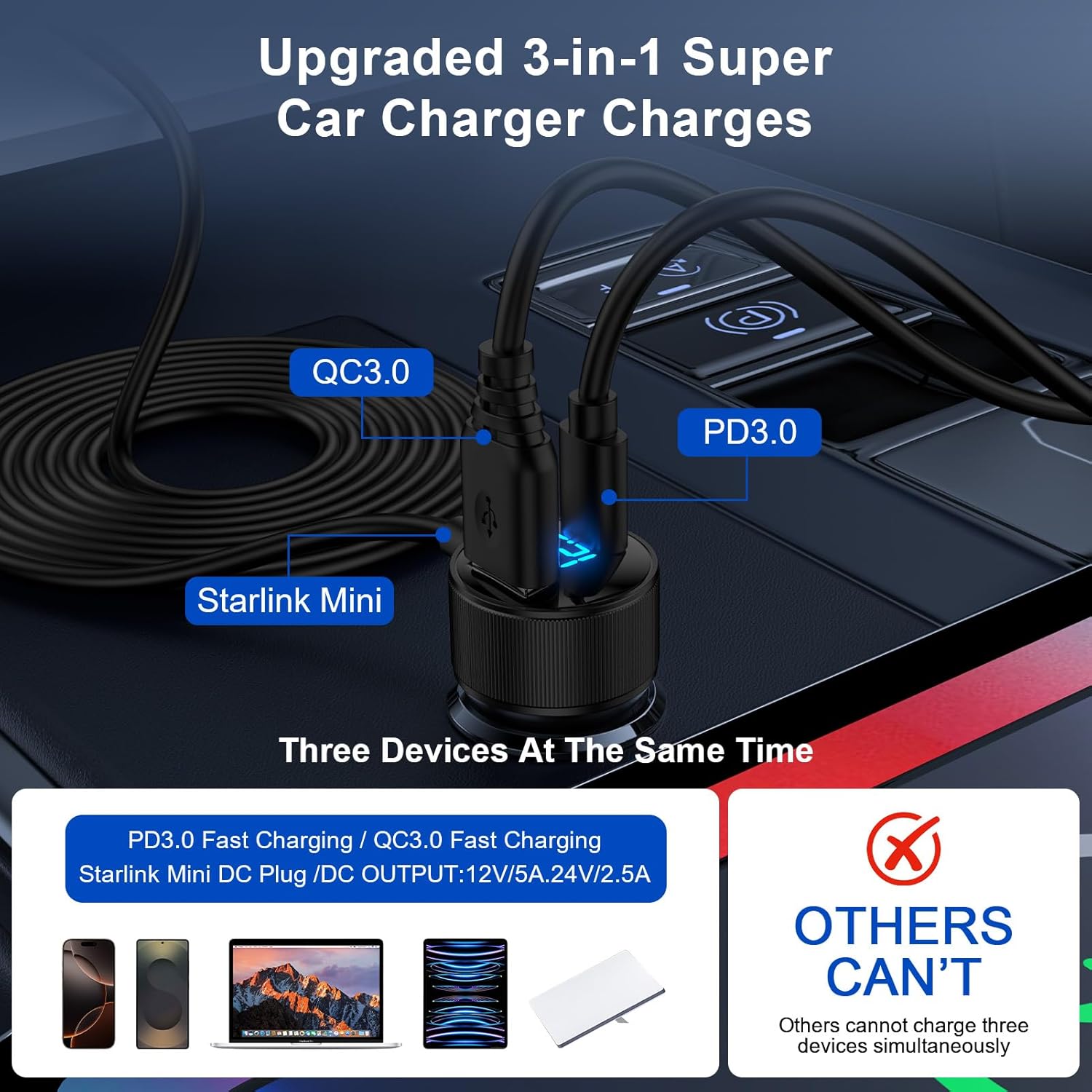 Starlink Mini Cable Car Adapter 3 in1 Starlink Car Charger 10FT DC Power Cable with Digital Display 12V-48V Cigarette Lighter Adapter Durable USB C PD 30W and USB A 18W Ports for Cars,SUVs,Trucks,RV - Image 2