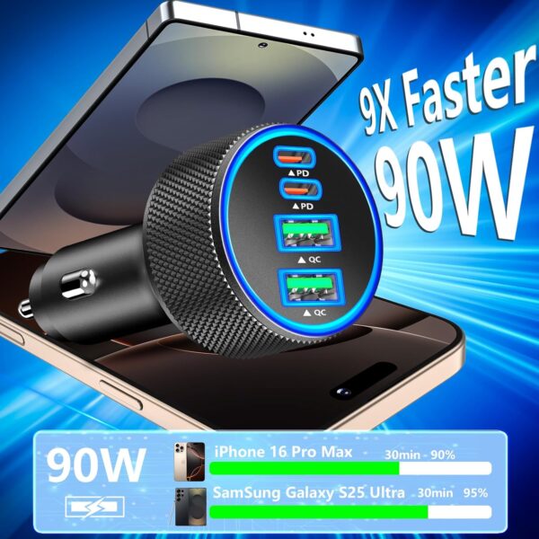 Car Charger USB C, Stuffcool 90W PD Dual USB-C & USB-A Car Power Adapter 4 in 1 PD/QC Type C Fast Charge Cigarette Lighter Adapter USB Charger for iPhone 17 17 Pro 16 15 14 13 12/Galaxy S25 S24/Pixel - Image 2