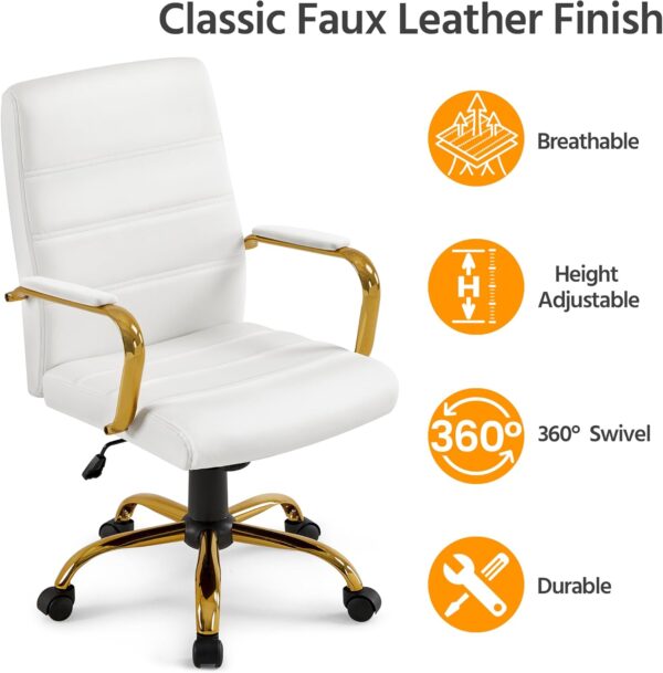 Yaheetech Mid-Back Office Chair PU Leather Desk Chair Adjustable Executive Task Chair w/Lumber Support Gold Leg White Seat - Image 6