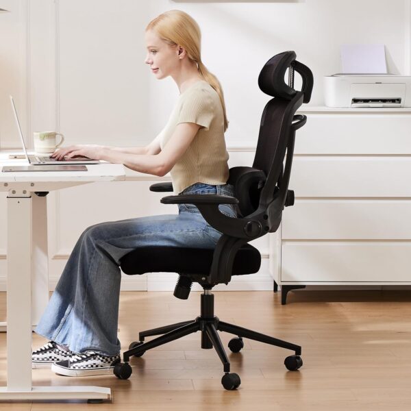 Sweetcrispy Ergonomic High Back Office Chair with 2D Headrest, Up&Down Lumbar Support, Swivel Computer Task Mesh Desk Chairs with Adjustable Flip-up Armrests, Classic Black - Image 2