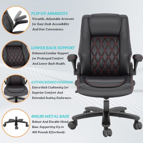 GYI High Back Executive Office Chair, Big and Tall Office Desk Chair 400LBS with Lumbar Support, Flip-up Armrests, Rubber Wheels, Black - Image 5
