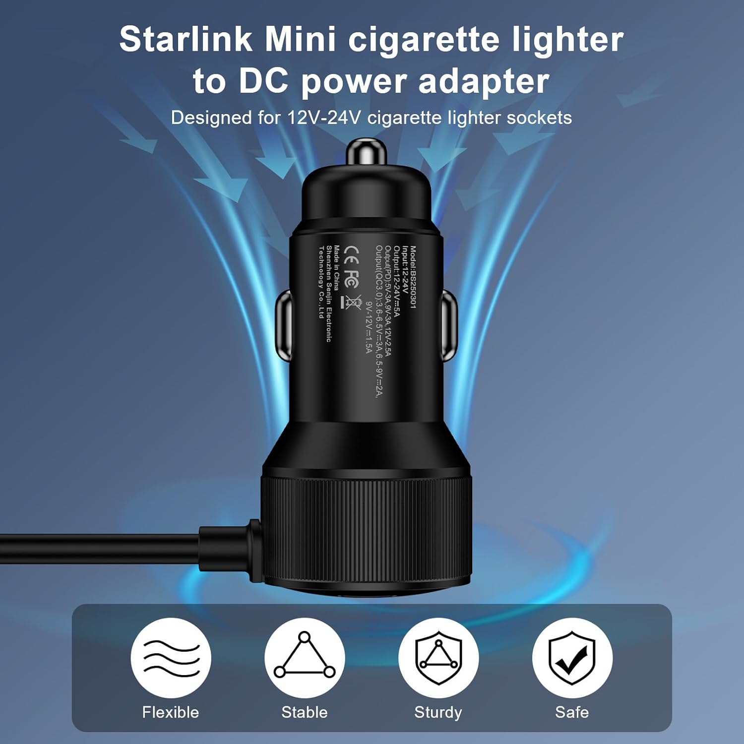 Starlink Mini Cable Car Adapter 3 in1 Starlink Car Charger 10FT DC Power Cable with Digital Display 12V-48V Cigarette Lighter Adapter Durable USB C PD 30W and USB A 18W Ports for Cars,SUVs,Trucks,RV - Image 6