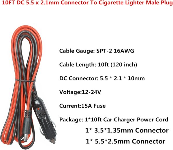 DC Car Charger Cable - 5.5mm x 2.1mm Connector to Cigarette Lighter Male Plug With Extra 2 Connectors 12-24V 15A Auto Power Supply Cord for Portable DVD Player, Car, Camera - Image 2