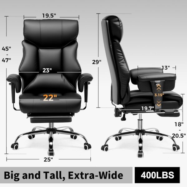 COMHOMA Big and Tall Office Chair 400lbs High Back Computer Gaming Chair with Ergonomic Lumbar Support & Pocket Spring Cushion for Lower Back Pain Relief, Leather Executive Chair with Foot Rest, Black - Image 2