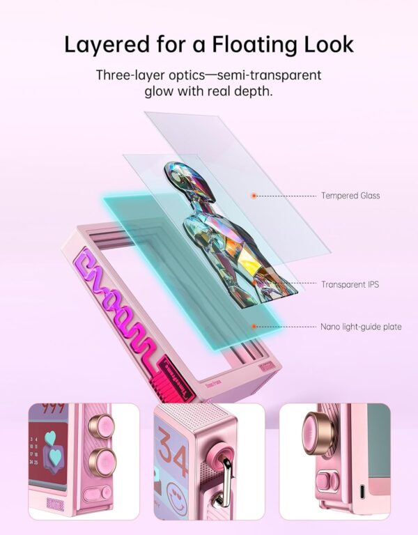 Divoom Times Frame-10.1" Digital Picture Frame Transparent IPS with RGBLED Rotary Knob WiFi 64GB 400+Clock Faces Widget 50+API Feeds Gift Mode Pixel Art Community Personalized Display (Pink) - Image 3