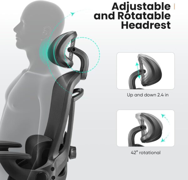 Sweetcrispy Ergonomic High Back Office Chair with 2D Headrest, Up&Down Lumbar Support, Swivel Computer Task Mesh Desk Chairs with Adjustable Flip-up Armrests, Classic Black - Image 5