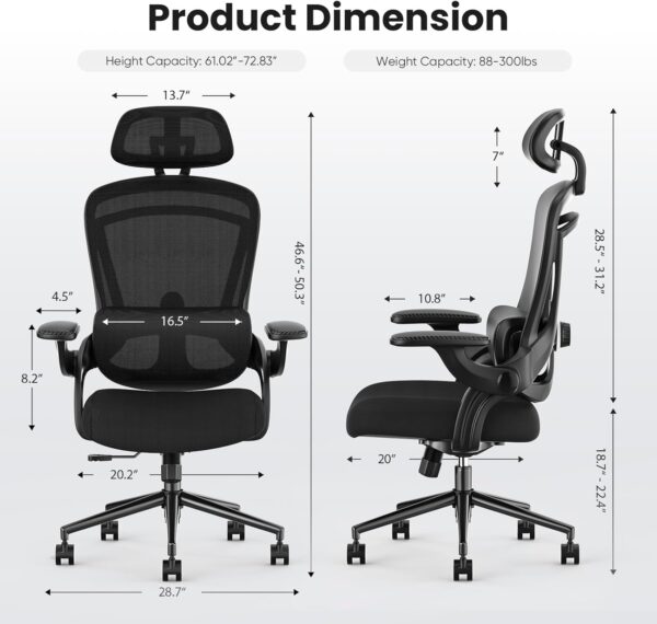 Sweetcrispy Ergonomic High Back Office Chair with 2D Headrest, Up&Down Lumbar Support, Swivel Computer Task Mesh Desk Chairs with Adjustable Flip-up Armrests, Classic Black - Image 3