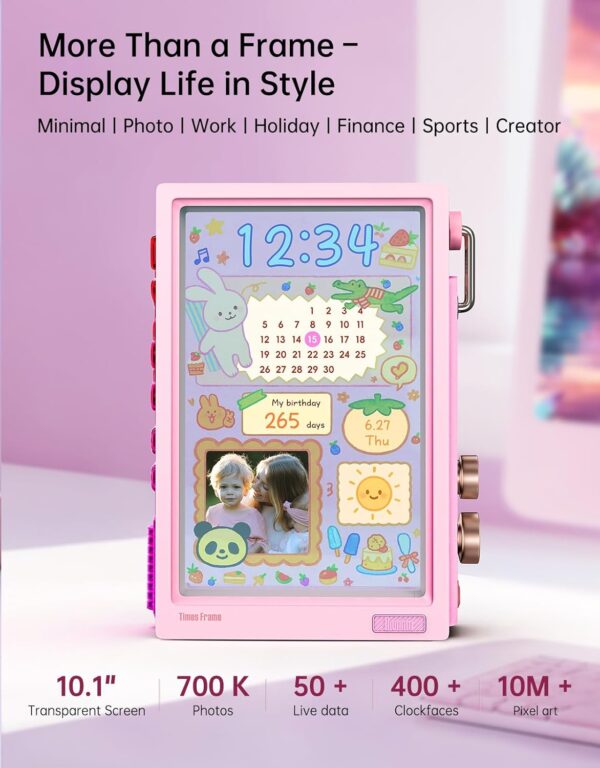 Divoom Times Frame-10.1" Digital Picture Frame Transparent IPS with RGBLED Rotary Knob WiFi 64GB 400+Clock Faces Widget 50+API Feeds Gift Mode Pixel Art Community Personalized Display (Pink) - Image 2