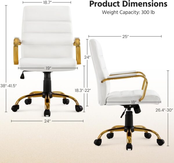 Yaheetech Mid-Back Office Chair PU Leather Desk Chair Adjustable Executive Task Chair w/Lumber Support Gold Leg White Seat - Image 3