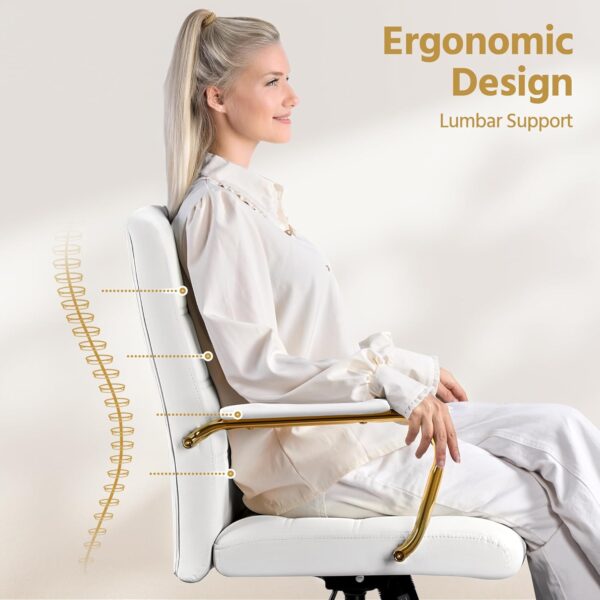 Yaheetech Mid-Back Office Chair PU Leather Desk Chair Adjustable Executive Task Chair w/Lumber Support Gold Leg White Seat - Image 4