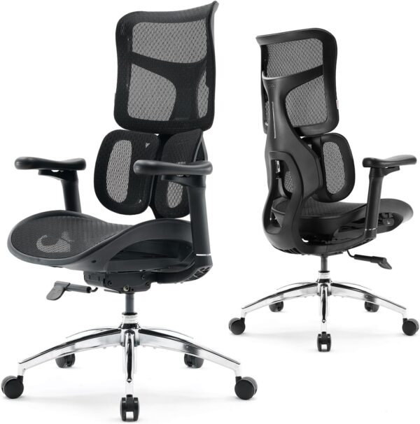 SIHOO Doro S100 Ergonomic Office Chair - Dual Dynamic Lumbar Support, 4D Coordinated Armrests, 5-Level Adjustable Backrest, Recline Angle 135-degree Max. Suitable for Home Office (Black)