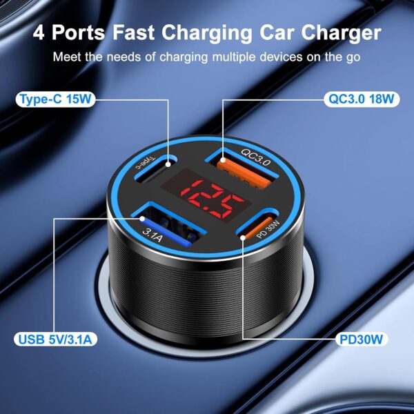 Car Phone Charger USB C,2Pack 4-Port 65W USB C Car Charger Fast Charging Multi Port Cigarette Lighter Adapter with Volt Meter,12V Type C Car Adapter for iPhone 16/16e/15 Pro Max,iPad,Samsung,Android - Image 4