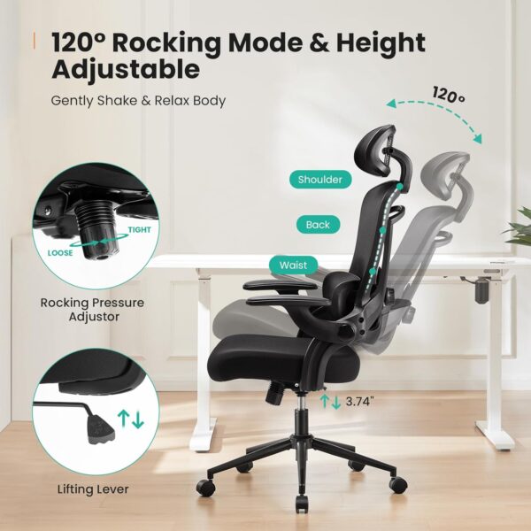 Sweetcrispy Ergonomic High Back Office Chair with 2D Headrest, Up&Down Lumbar Support, Swivel Computer Task Mesh Desk Chairs with Adjustable Flip-up Armrests, Classic Black - Image 7