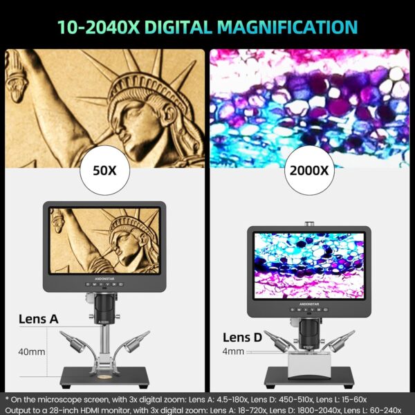 Andonstar AD249S-M Plus 10.1'' HDMI Soldering Digital Microscope for Electronics Repair, 2000x 3 Lens 2160P UHD Video Record, Soldering Microscope Station with Helping Hands, Slides, 32GB Card - Image 8