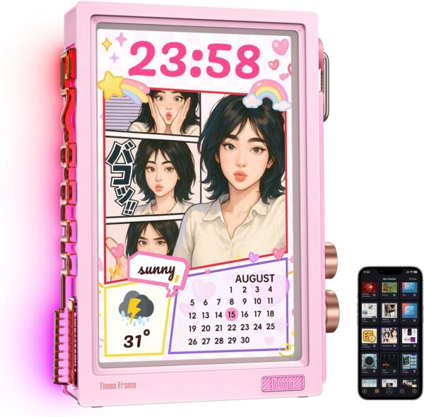 Divoom Times Frame-10.1" Digital Picture Frame Transparent IPS with RGBLED Rotary Knob WiFi 64GB 400+Clock Faces Widget 50+API Feeds Gift Mode Pixel Art Community Personalized Display (Pink)