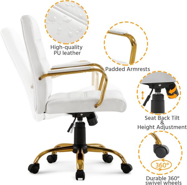 Yaheetech Mid-Back Office Chair PU Leather Desk Chair Adjustable Executive Task Chair w/Lumber Support Gold Leg White Seat - Image 7
