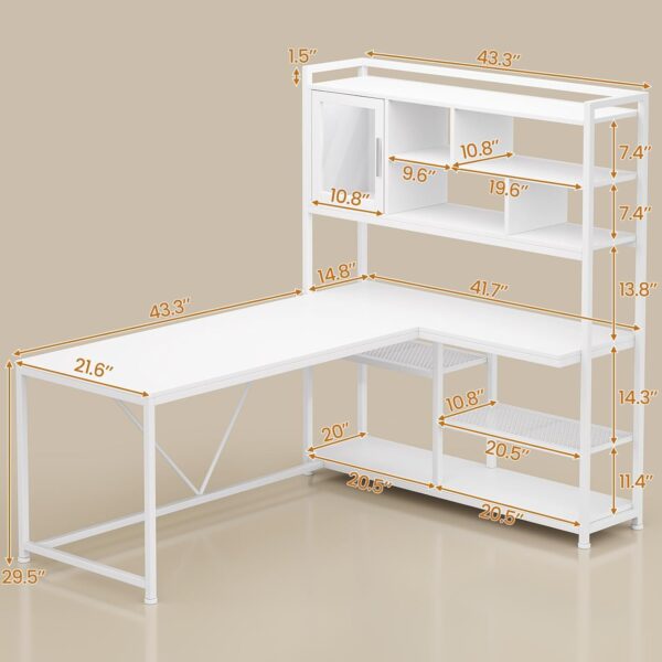 SEDETA L Shaped Computer Desk, 58'' Office Desk with LED Light and Bookshelf, L Shaped Corner Desk with Storage Shelves for Home Office, Gaming Desk, L Desk, White - Image 7