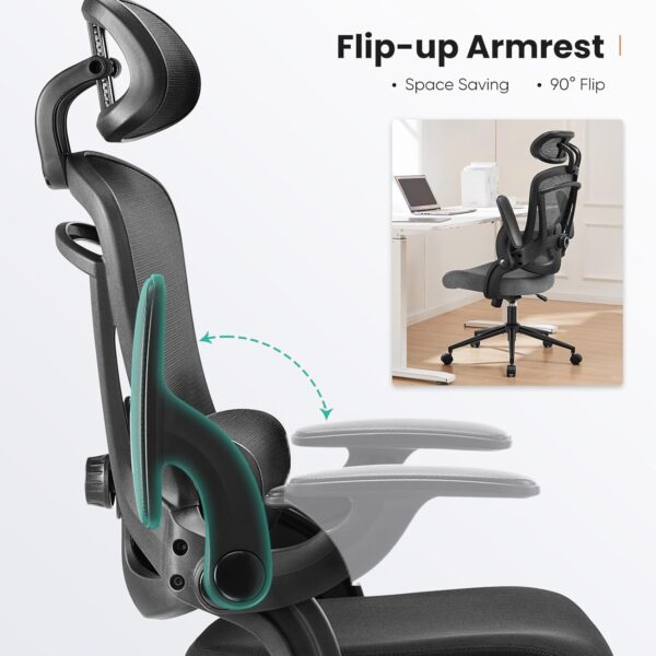 Sweetcrispy Ergonomic High Back Office Chair with 2D Headrest, Up&Down Lumbar Support, Swivel Computer Task Mesh Desk Chairs with Adjustable Flip-up Armrests, Classic Black - Image 6