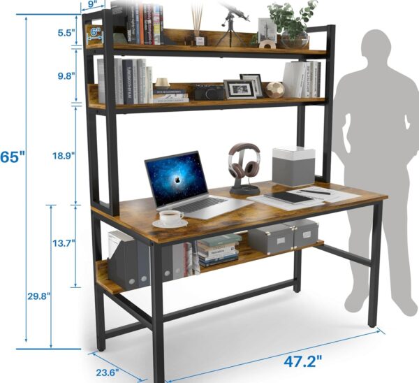 Aquzee Computer Desk with Hutch, 47“W x 23.6" D Desk with Shelves, Tall Home Office Desk with Bookshelf, Metal Legs Study Table with Upper Storage Shelf for Study Writing/Workstation - Image 3