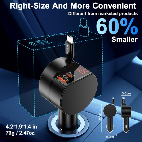 Mini Retractable Car Charger,65W Fast Charging USB C Car Charger with Retractable Cable,3 Port Type C Cigarette Lighter Adapter,Car Accessories for iPhone 16 15 14 Pro Max,Galaxy,iPad,Pixel,AirPods - Image 5