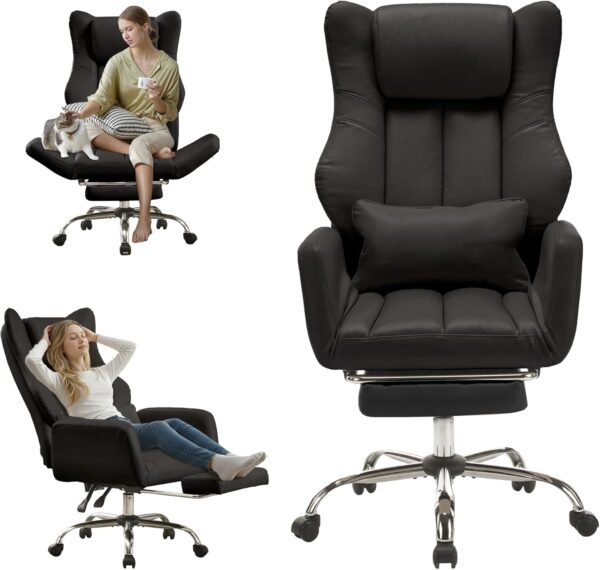 Ergonomic Cross Legged Office Chair with Footrest,Big and Tall Leather Executive Chair with Reversible Armrest,Lumbar Pillow and Wheels,135° Reclining Computer Wide Desk Chair for Home,Office (Black)