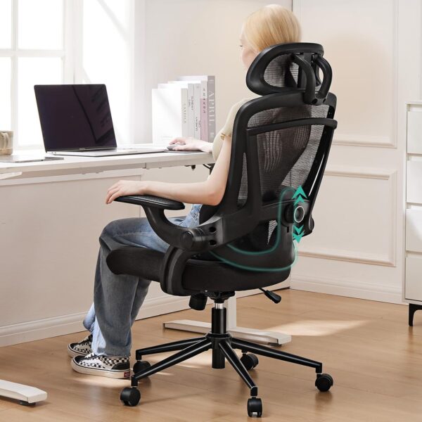 Sweetcrispy Ergonomic High Back Office Chair with 2D Headrest, Up&Down Lumbar Support, Swivel Computer Task Mesh Desk Chairs with Adjustable Flip-up Armrests, Classic Black - Image 8