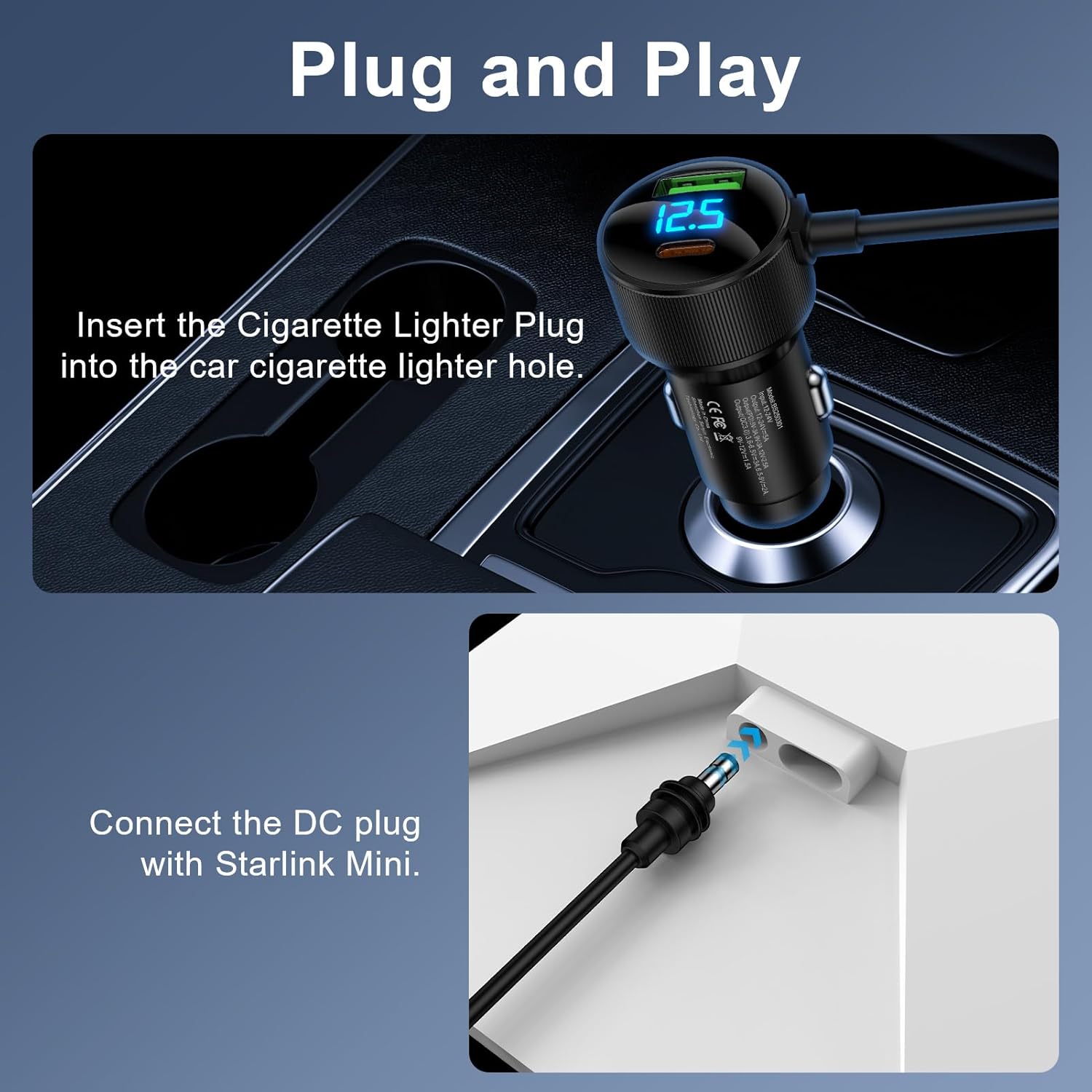 Starlink Mini Cable Car Adapter 3 in1 Starlink Car Charger 10FT DC Power Cable with Digital Display 12V-48V Cigarette Lighter Adapter Durable USB C PD 30W and USB A 18W Ports for Cars,SUVs,Trucks,RV - Image 3