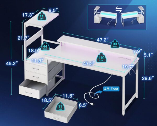 Casaottima 59 Inch Gaming Desk with USB Charging Ports & LED Light - Reversible Computer Desk with 3 Fabric Drawers, Monitor Stand, CPU Stand, and Side Hook, Modern Office Desk, White - Image 3